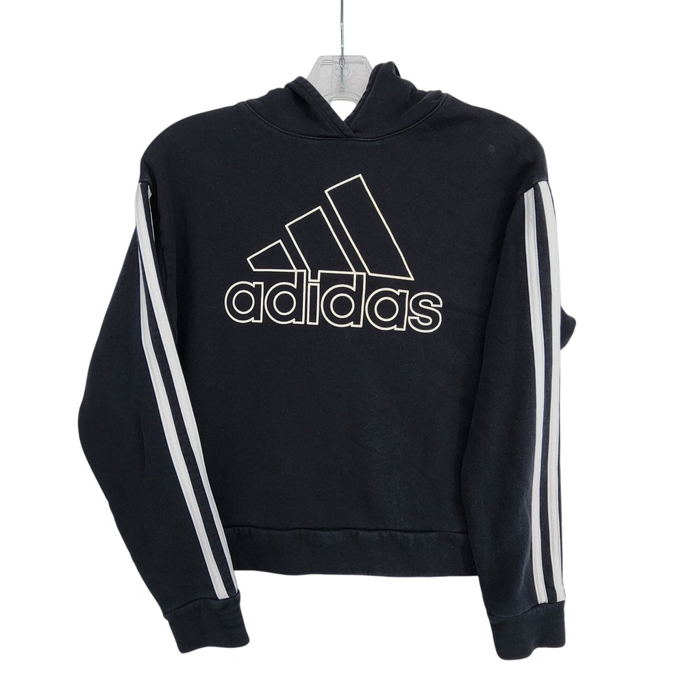 Adidas Youth Large Black Hoodie Sweatshirt 3 Stripe Graphic Logo Sporty Casual